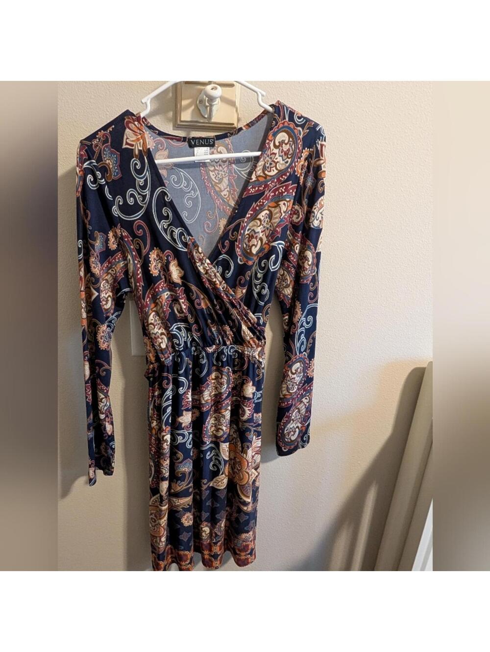 Women's Venus Long Sleeve Dress Navy Blue Paisley with Belt Medium boho